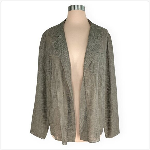 Elie Tahari Beige Khaki Open Front Textured Silk Sheer Lightweight Jacket NEW L - Picture 1 of 4